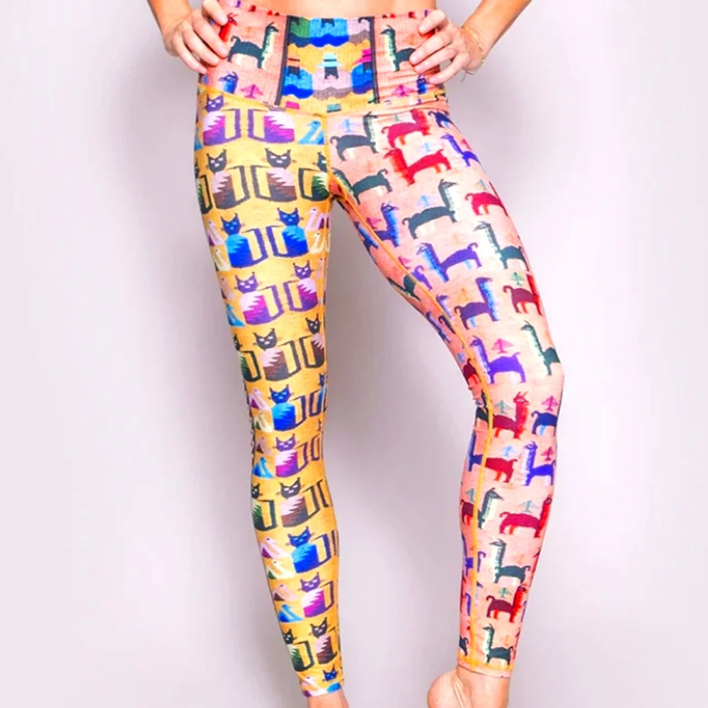 NWT Niyama Sol Kitten & Llama Full Length Barefoot Athletic leggings Blue & Tan - Picture 1 of 6